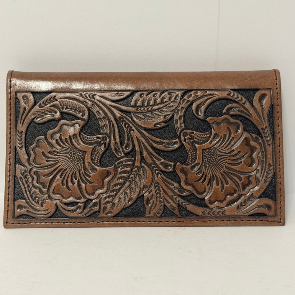 Ariat Mens Brown Tooled Leather Wallet Rodeo Checkbook Floral Western Cowboy
